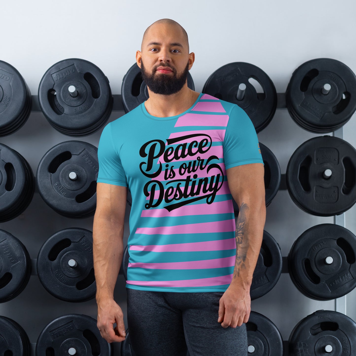 This stretch athletic shirt features "Peace is our Destiny," with moisture-wicking fabric and UPF 50+ protection for ultimate performance and style.