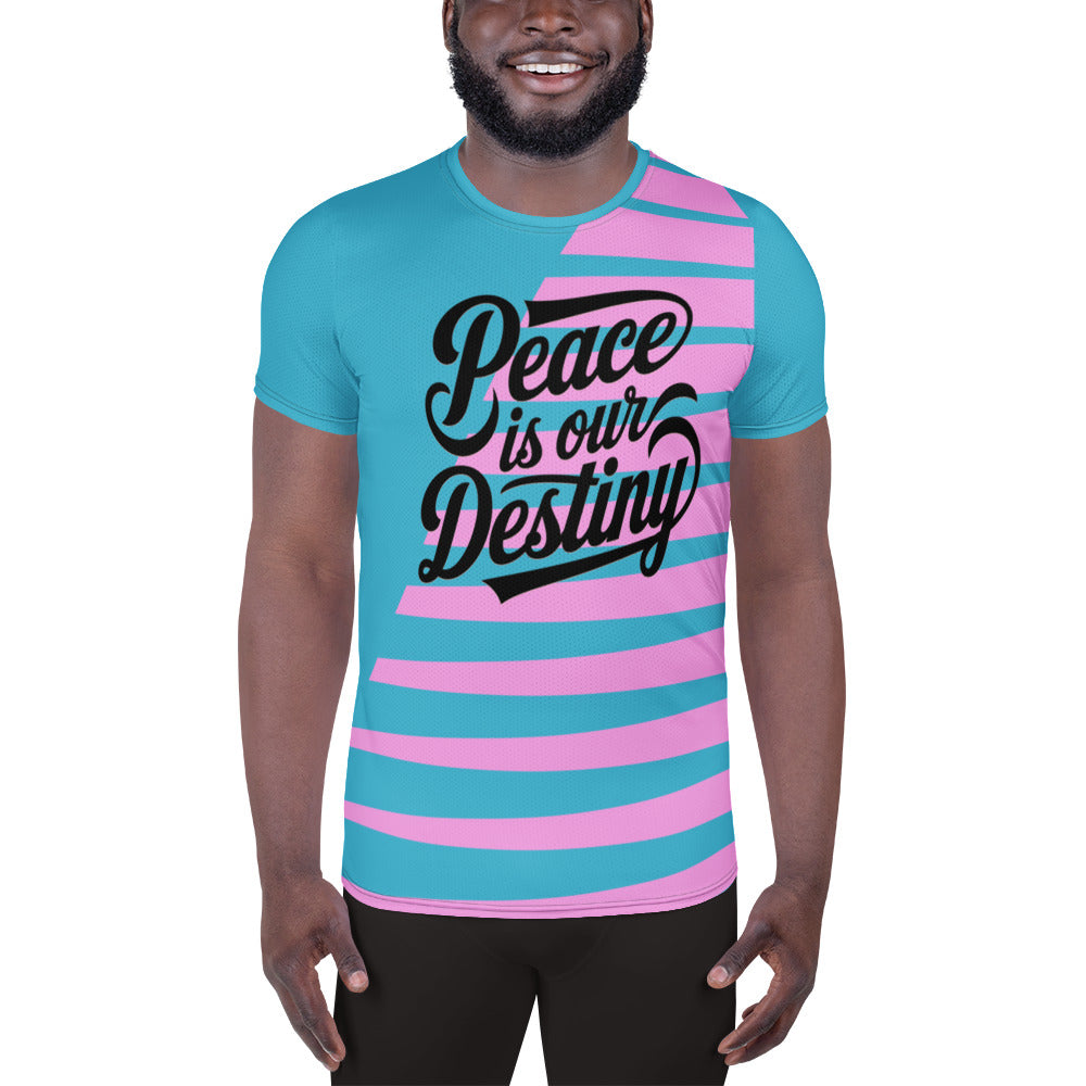 This stretch athletic shirt features "Peace is our Destiny," with moisture-wicking fabric and UPF 50+ protection for ultimate performance and style.