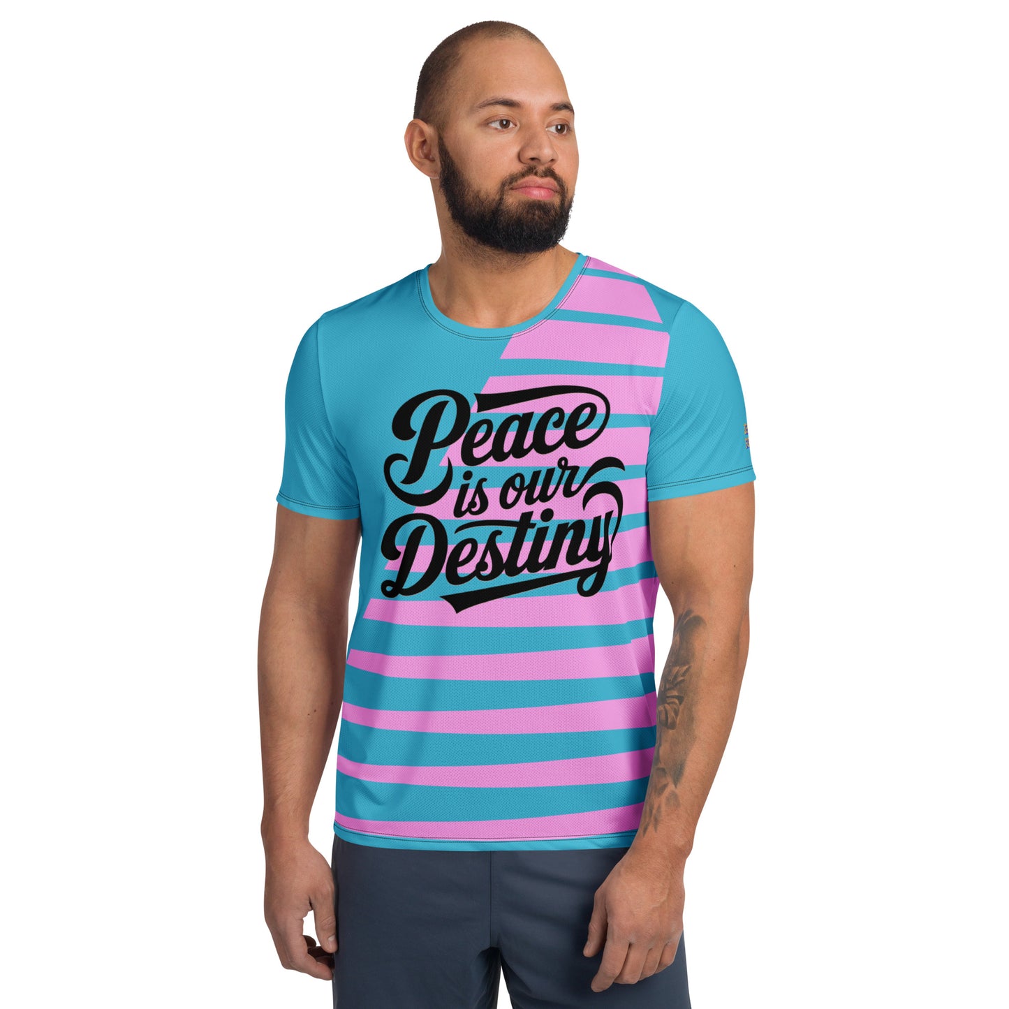 This stretch athletic shirt features "Peace is our Destiny," with moisture-wicking fabric and UPF 50+ protection for ultimate performance and style.