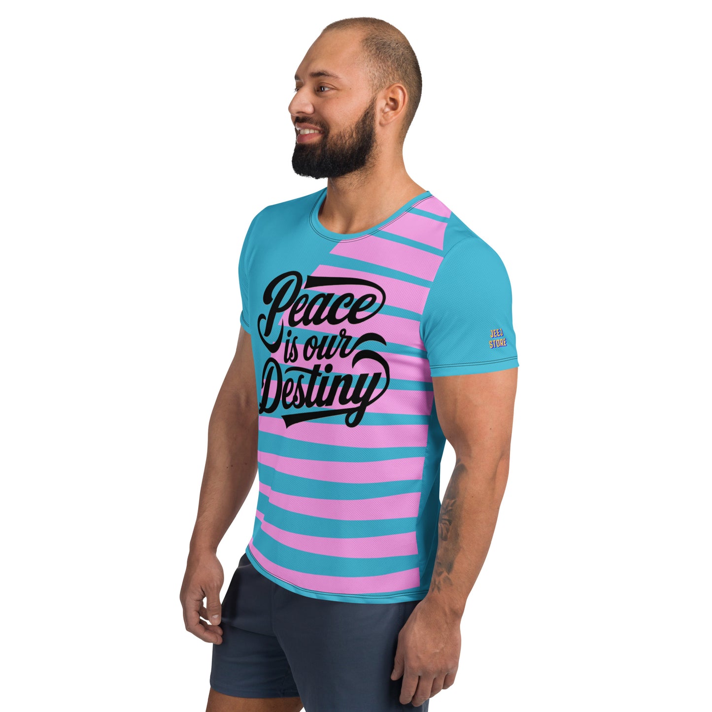 This stretch athletic shirt features "Peace is our Destiny," with moisture-wicking fabric and UPF 50+ protection for ultimate performance and style.