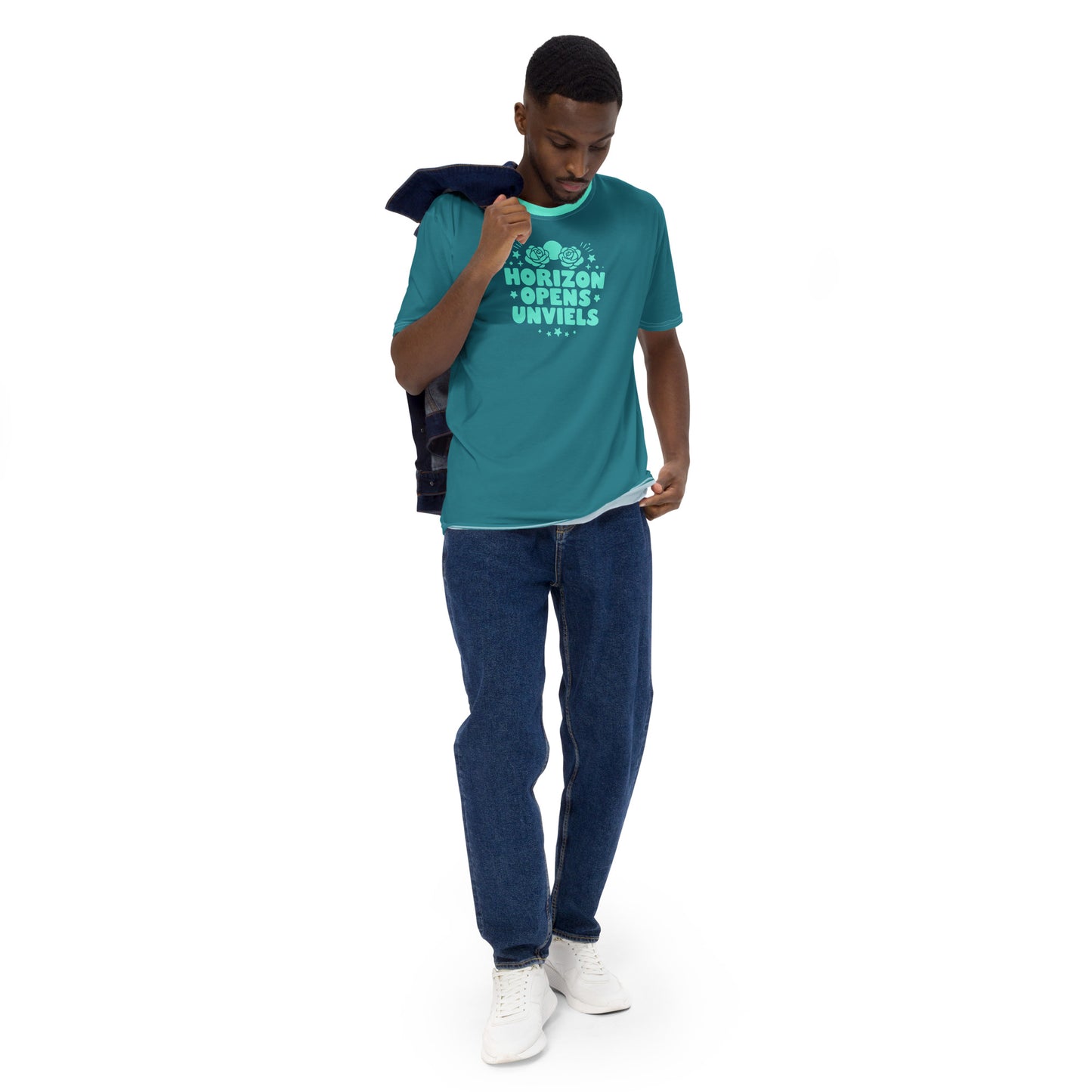 This inspiring tee features "HORIZON OPENS UNVEILS" with roses and stars. Made from soft, stretchy jersey for comfortable, uplifting style.