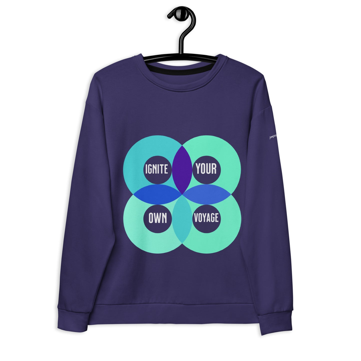 A person wearing a navy blue unisex sweatshirt with text and circular graphics on the front.