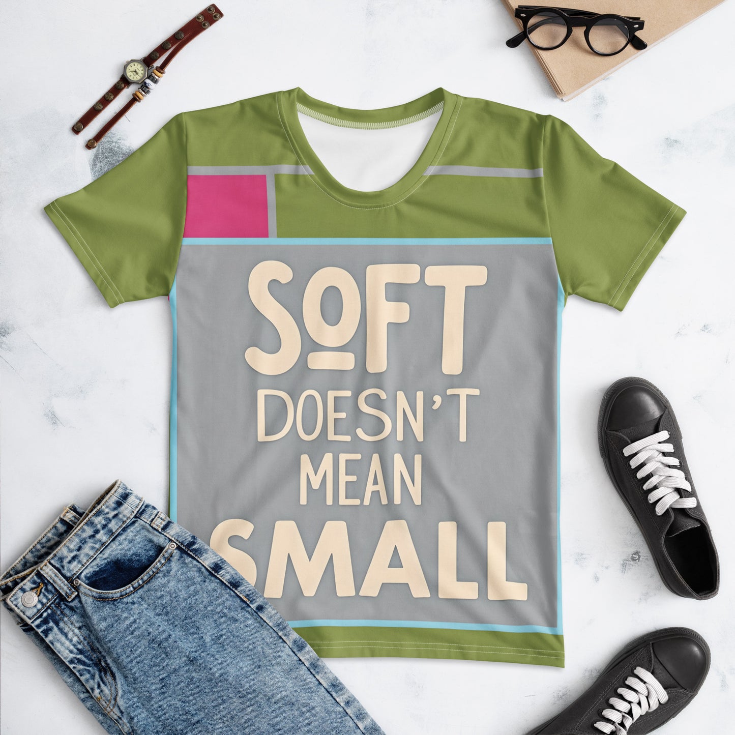 This printed t-shirt is super smooth, comfy, and fade-resistant. Featuring "SOFT DOESN'T MEAN SMALL" for a powerful, stylish statement.