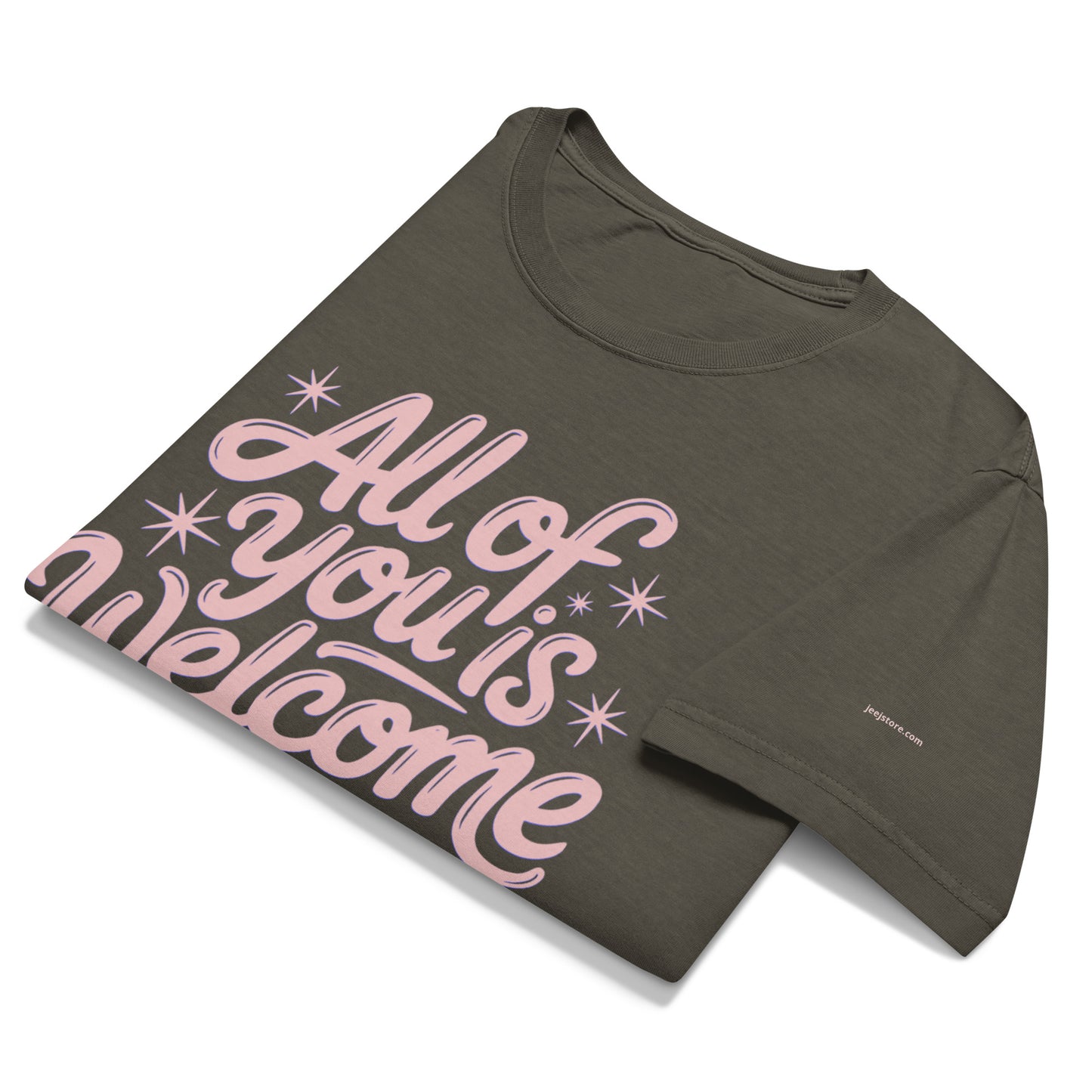 This vintage washed, oversized cotton tee features "All of You is Welcome Here." It's a comfortable, inclusive, and effortlessly stylish streetwear essential.