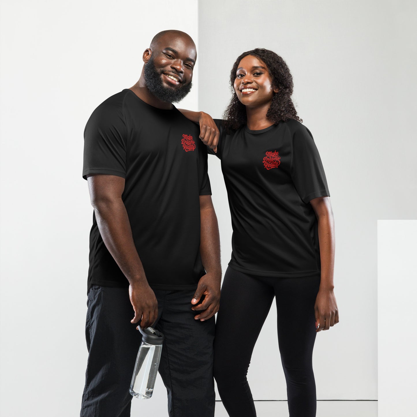 This optimal ventilation shirt in navy features "Make Dreams Reality." Breathable polyester mesh ensures cool comfort for workouts and leisure.