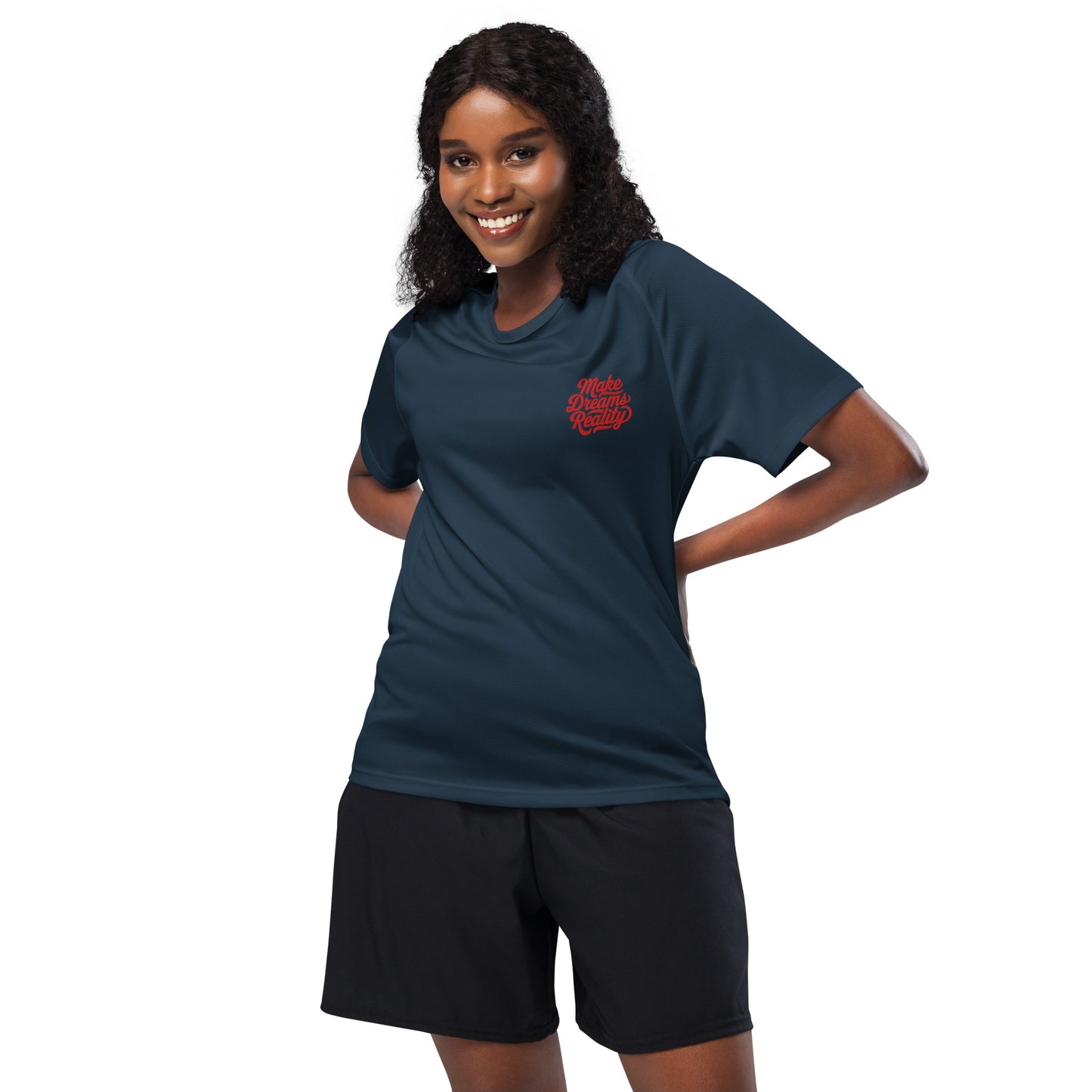 This optimal ventilation shirt in navy features "Make Dreams Reality." Breathable polyester mesh ensures cool comfort for workouts and leisure.