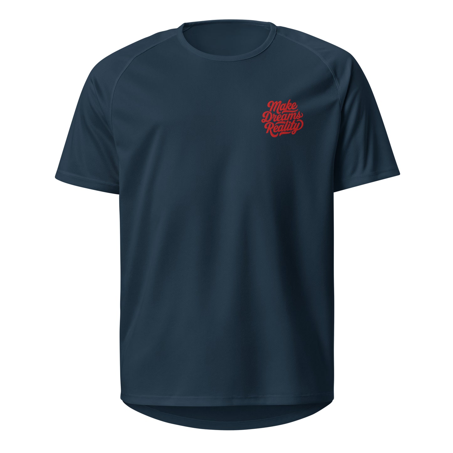 This optimal ventilation shirt in navy features "Make Dreams Reality." Breathable polyester mesh ensures cool comfort for workouts and leisure.