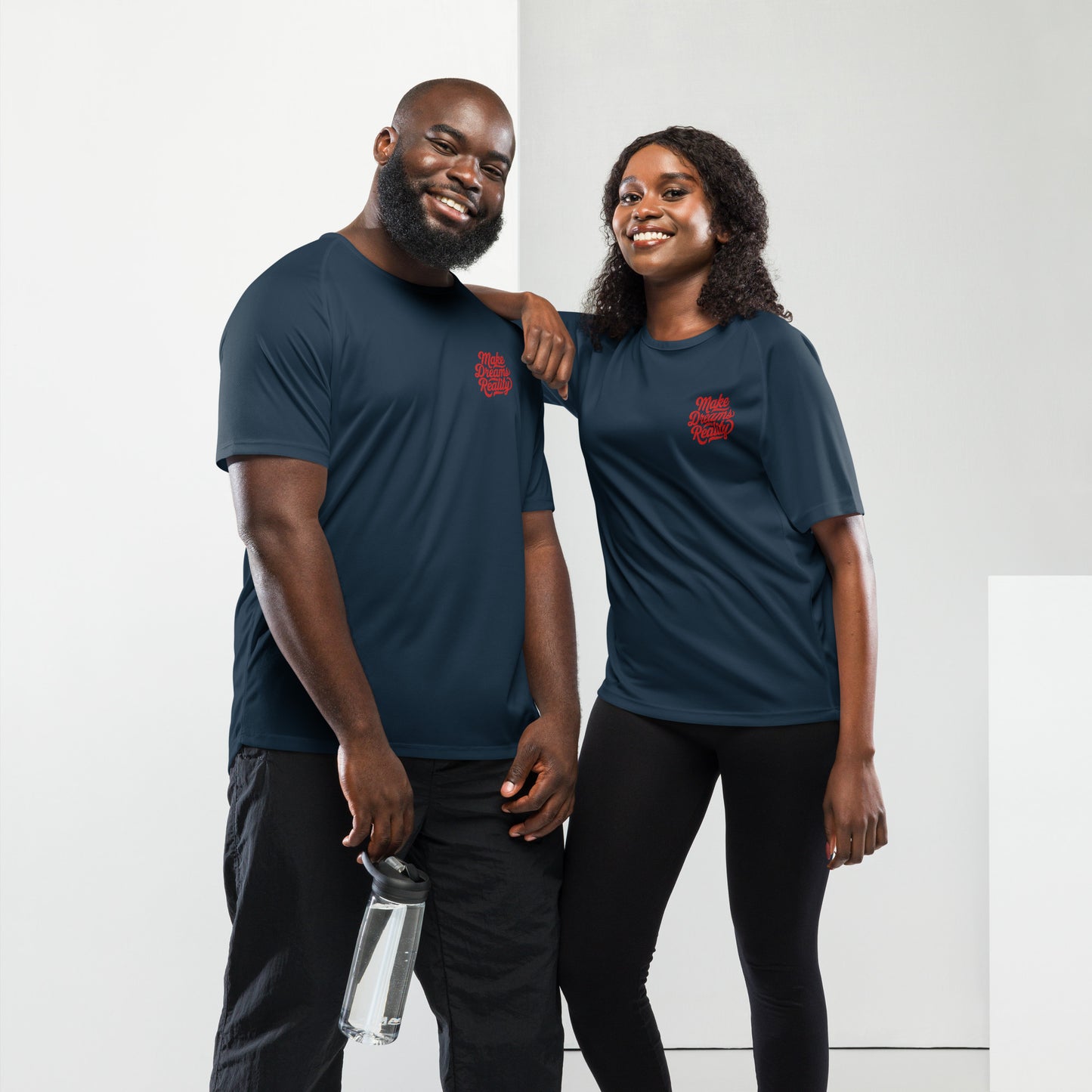 This optimal ventilation shirt in navy features "Make Dreams Reality." Breathable polyester mesh ensures cool comfort for workouts and leisure.