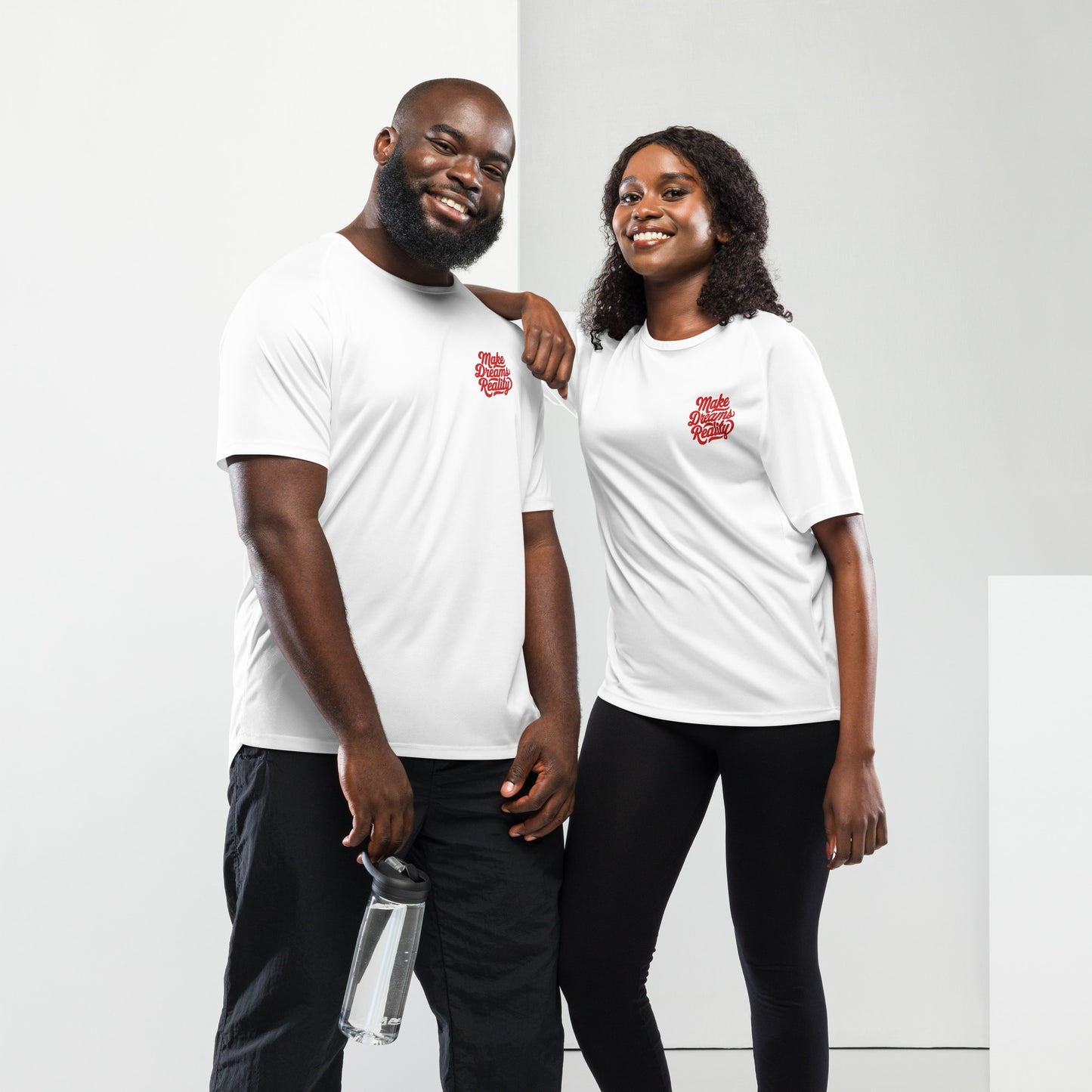 This optimal ventilation shirt in navy features "Make Dreams Reality." Breathable polyester mesh ensures cool comfort for workouts and leisure.