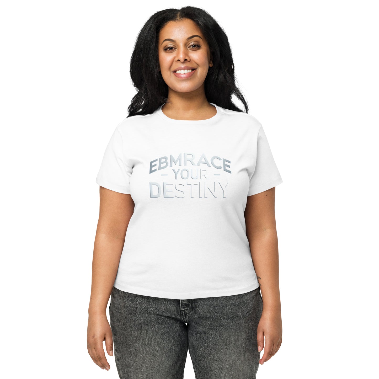 This ultra-soft cotton tee features "EMBRACE - YOUR - DESTINY" in bold white. It's a flattering, longline fit perfect for high-waisted bottoms and daily inspiration.