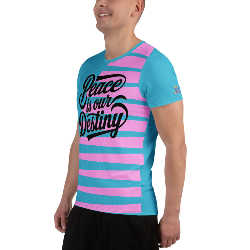 This stretch athletic shirt features "Peace is our Destiny," with moisture-wicking fabric and UPF 50+ protection for ultimate performance and style.