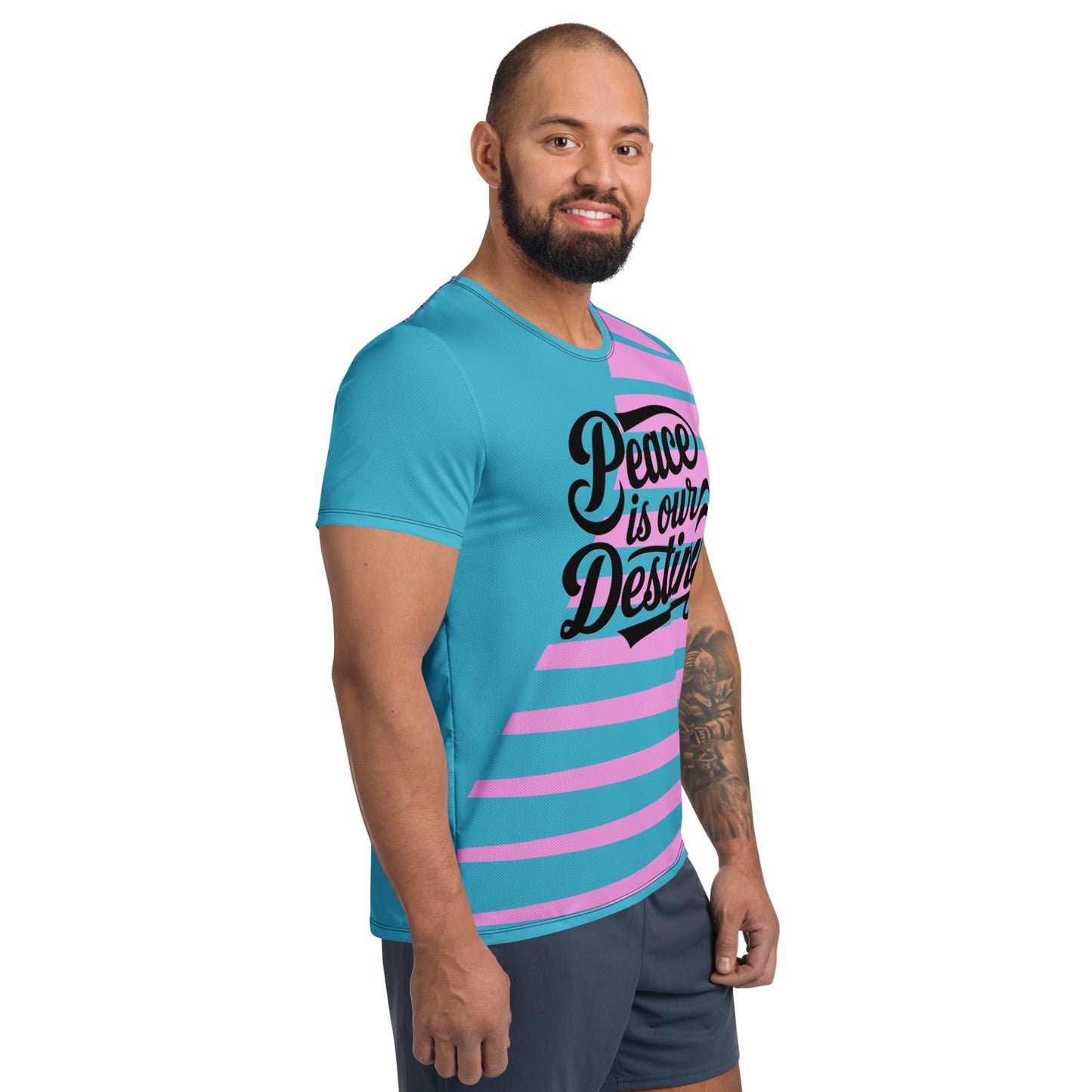 This stretch athletic shirt features "Peace is our Destiny," with moisture-wicking fabric and UPF 50+ protection for ultimate performance and style.