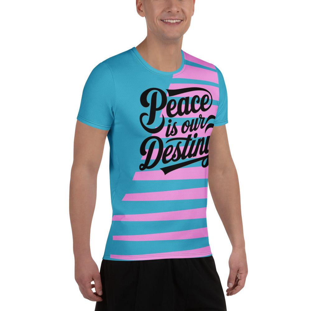 This stretch athletic shirt features "Peace is our Destiny," with moisture-wicking fabric and UPF 50+ protection for ultimate performance and style.