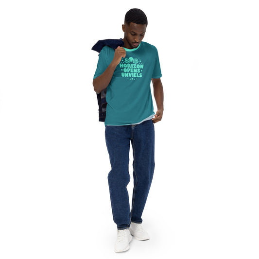 This inspiring tee features "HORIZON OPENS UNVEILS" with roses and stars. Made from soft, stretchy jersey for comfortable, uplifting style.