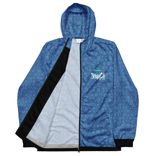 This Men's Windbreaker features a blue floral pattern with "TRIUMPH." It's water-resistant, breathable, and perfect for stylish comfort.