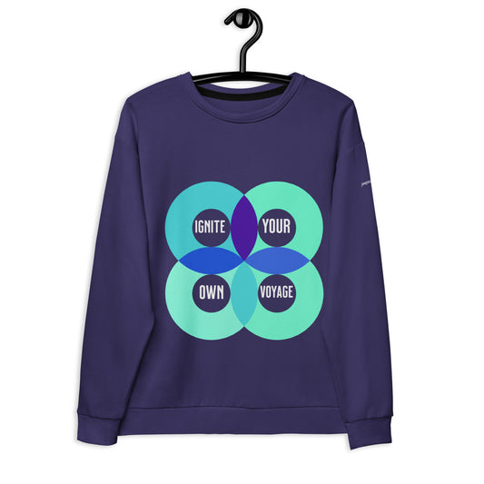 A person wearing a navy blue unisex sweatshirt with text and circular graphics on the front.