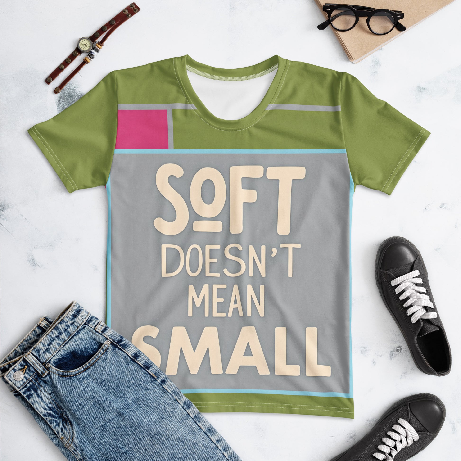 This printed t-shirt is super smooth, comfy, and fade-resistant. Featuring "SOFT DOESN'T MEAN SMALL" for a powerful, stylish statement.