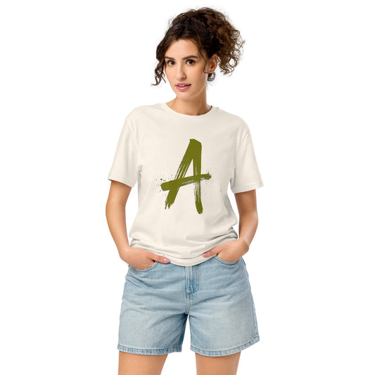 This organic cotton tee is eco-friendly, super soft, and durable. Features a unique "A" graphic for stylish, comfortable, and conscious wear.
