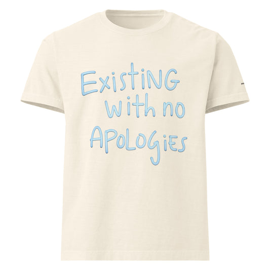 This vintage wash t-shirt with an oversized fit features a message to "ExistING With no Apologies" for an authentic streetwear look.
